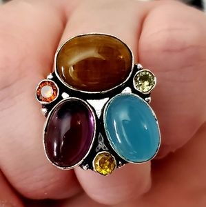 New Tiger Eye, Amethyst & Chalcedony 925 Silver Ring.